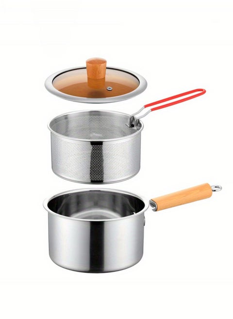 Fry Pan Stainless Steel Cookware Set Multi Use Frying Pan with Frying Basket Glass Lid 304 SUS Non-Stick Saucepan Deep Frying Pot Boiler Milk Pan for Induction Gas Stoves