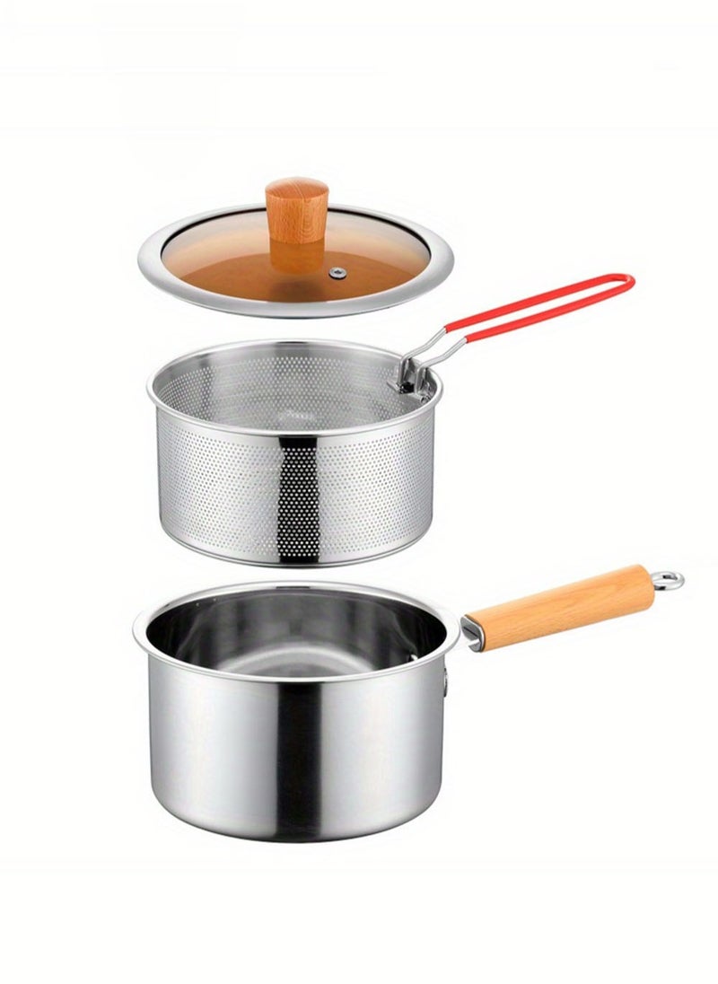 Fry Pan Stainless Steel Cookware Set Multi Use Frying Pan with Frying Basket Glass Lid 304 SUS Non-Stick Saucepan Deep Frying Pot Boiler Milk Pan for Induction Gas Stoves