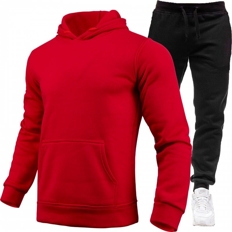 2024 Fall/Winter Cross-border Mens and Womens Leisure European Code Blank Solid Color suit Fleece Loose Sweatpants Two-piece Set red 