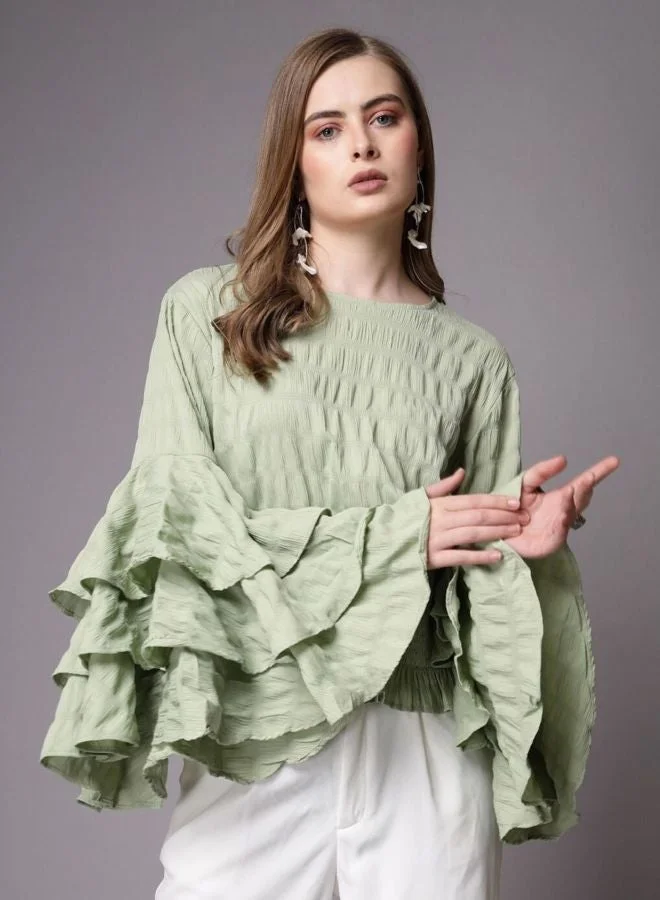 Women Regular Fit Solid Round Neck Long Sleeve Ruffled Top