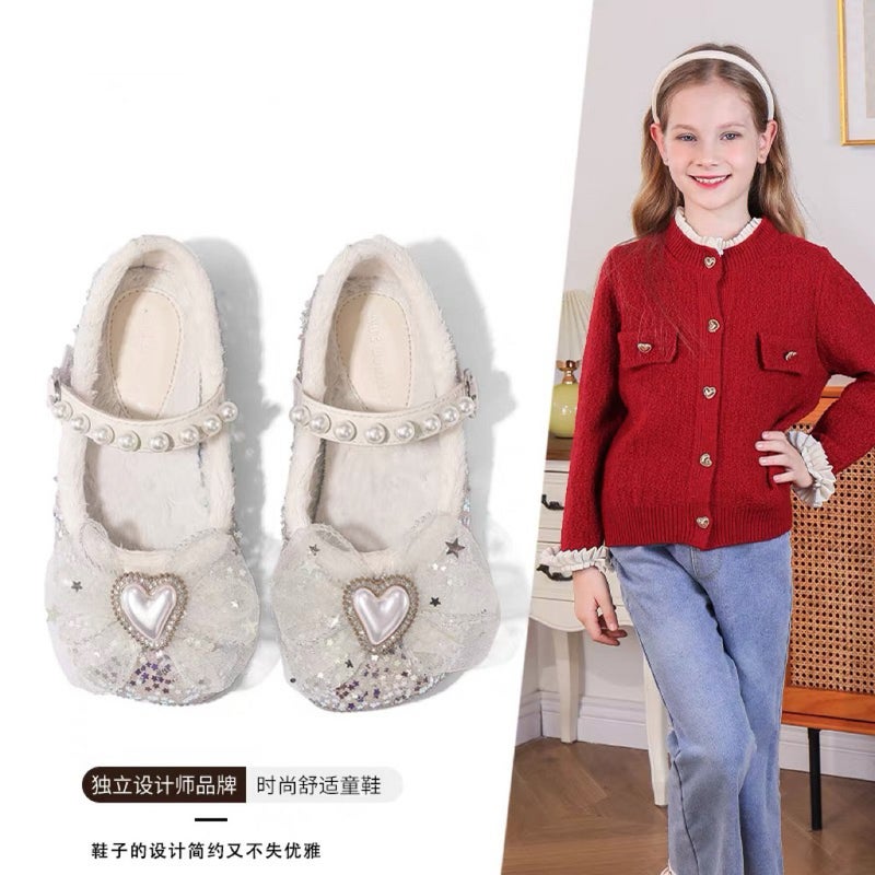 Canyze Girls Leather Shoes 2024 Winter New Children'S Pearl Soft Sole Pumps Fleece-Lined Warm High-End Princess Shoes - Image 5
