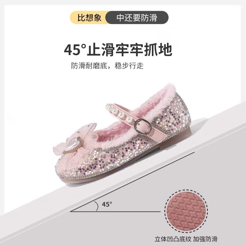 Canyze Girls Leather Shoes 2024 Winter New Children'S Pearl Soft Sole Pumps Fleece-Lined Warm High-End Princess Shoes - Image 2