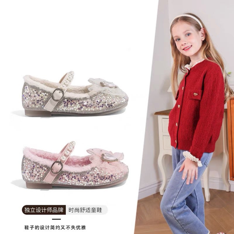 Canyze Girls Leather Shoes 2024 Winter New Children'S Pearl Soft Sole Pumps Fleece-Lined Warm High-End Princess Shoes - Image 4