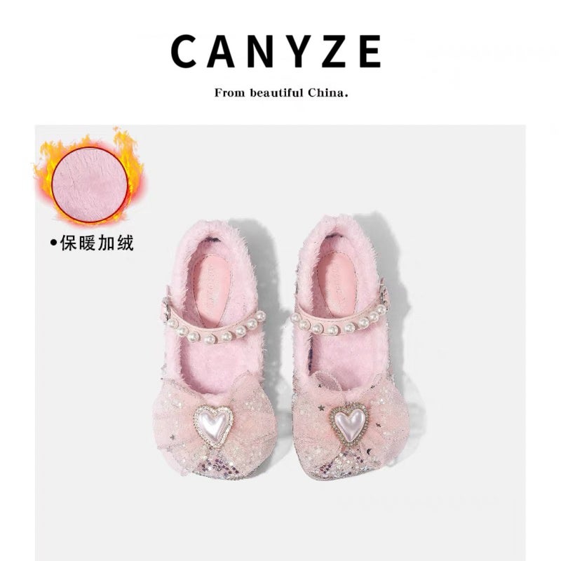 Canyze Girls Leather Shoes 2024 Winter New Children'S Pearl Soft Sole Pumps Fleece-Lined Warm High-End Princess Shoes - Image 1