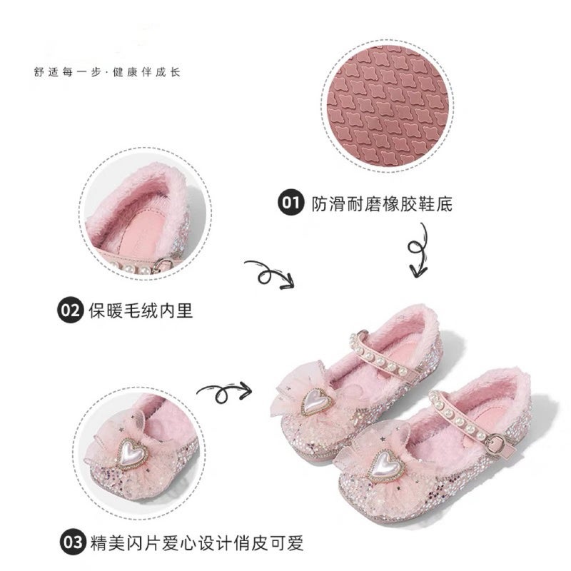 Canyze Girls Leather Shoes 2024 Winter New Children'S Pearl Soft Sole Pumps Fleece-Lined Warm High-End Princess Shoes - Image 3