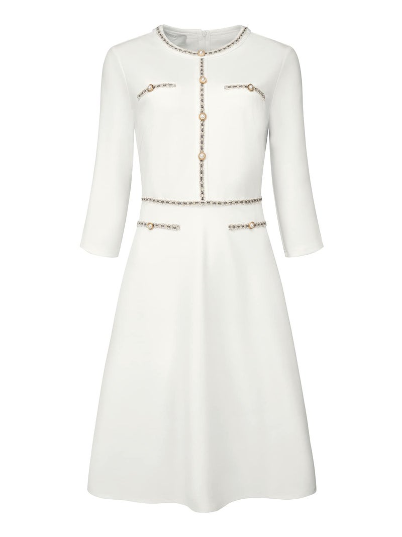 Hobemty Women's Church A-Line Work 3/4 Sleeve Tweed Midi Dresses XX-Large White - Image 1