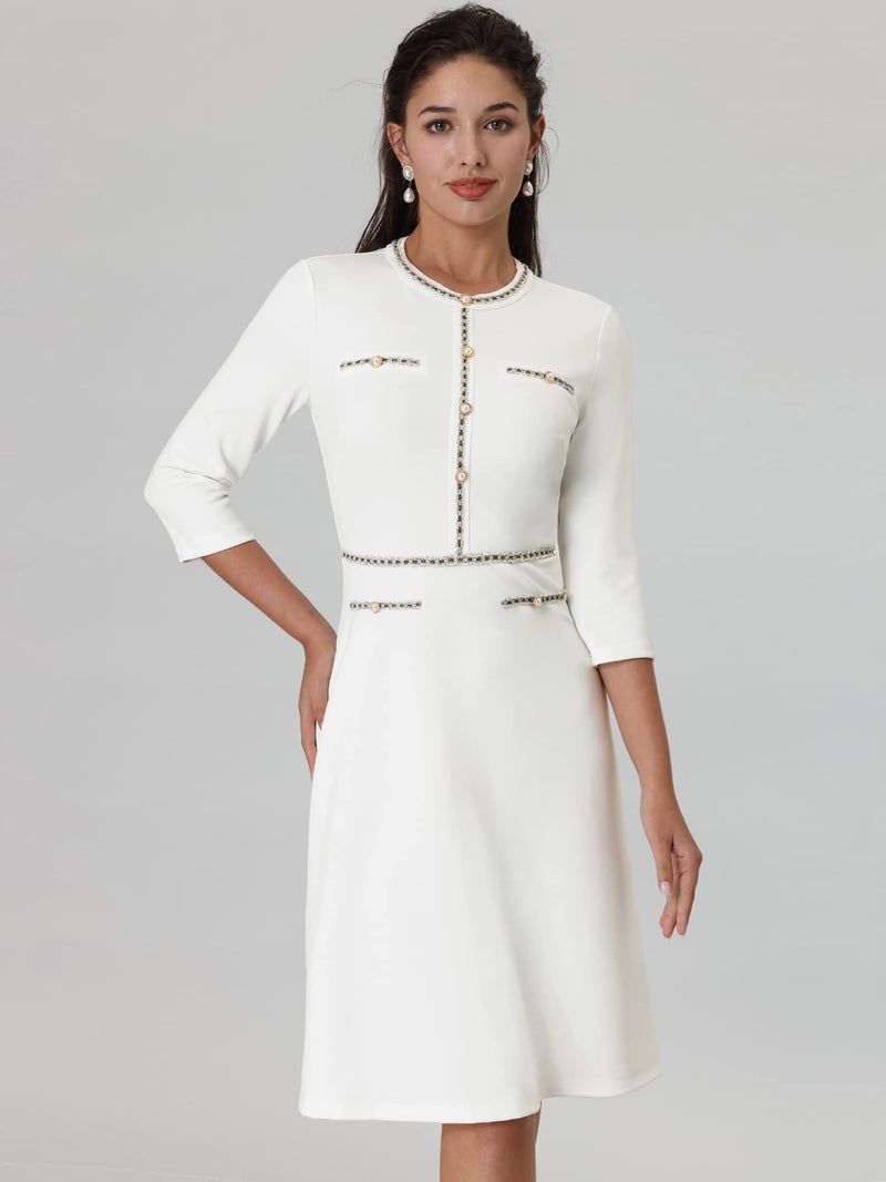 Hobemty Women's Church A-Line Work 3/4 Sleeve Tweed Midi Dresses XX-Large White - Image 3