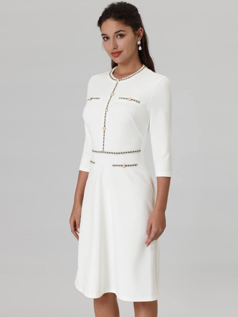 Hobemty Women's Church A-Line Work 3/4 Sleeve Tweed Midi Dresses XX-Large White - Image 4