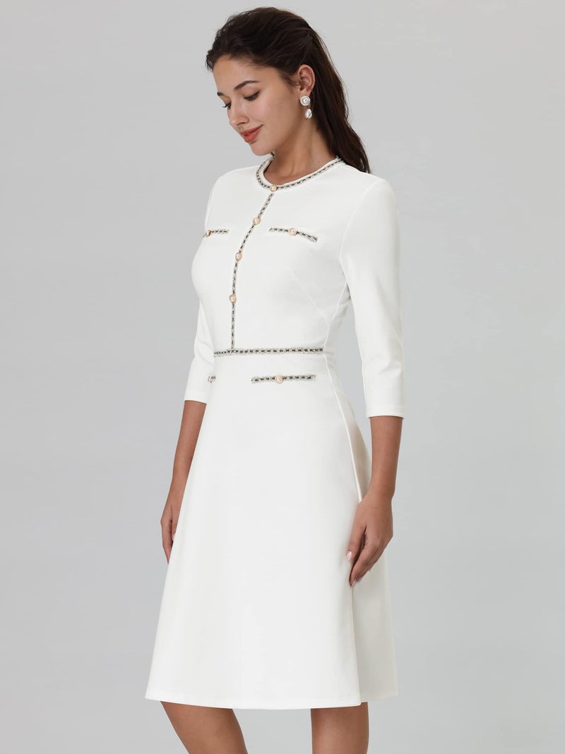 Hobemty Women's Church A-Line Work 3/4 Sleeve Tweed Midi Dresses XX-Large White - Image 2