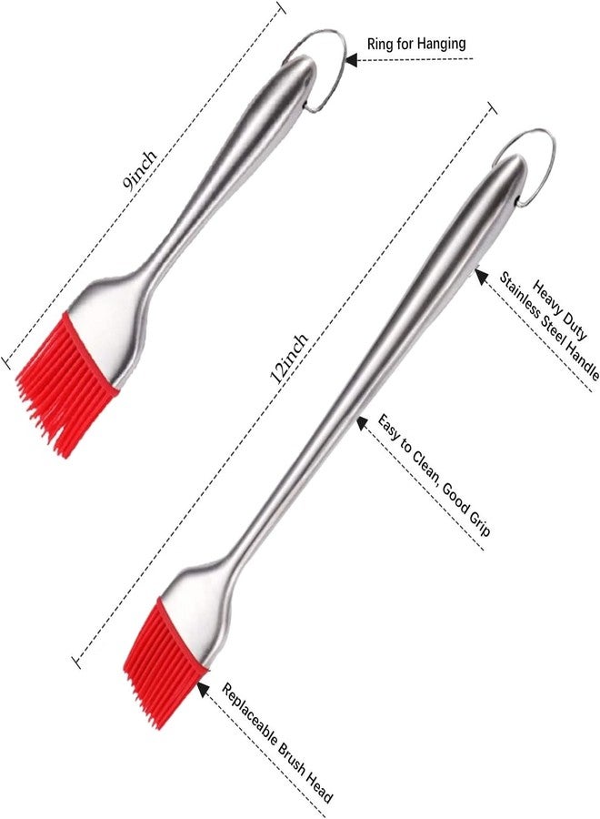 Baskety Basting Brush Stainless Steel Pastry Brush with Backup Silicone Head Flexible Kitchen Brush 12 + 9 Inch (Red, Pack of 2) - Image 2