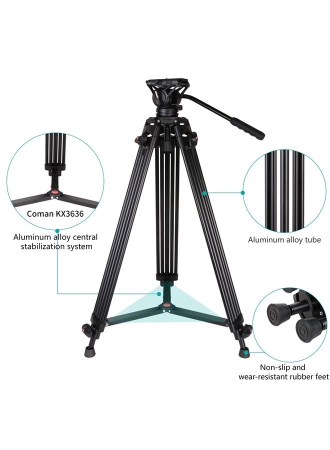 COMAN Video Tripod, COMAN KX3636 74 inch Professional Heavy Duty Aluminum Tripod with Quick Release Plate and 360 Degree Fluid Head for DSLR, Camcorder, Cameras Max Load:17.6lbs/8Kg - Image 1