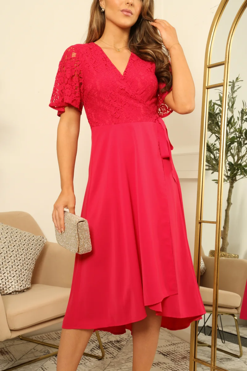 Double Second fuchsia Angel Sleeve Lace High Low Hem True Wrap Dress for Women | Best Price UAE