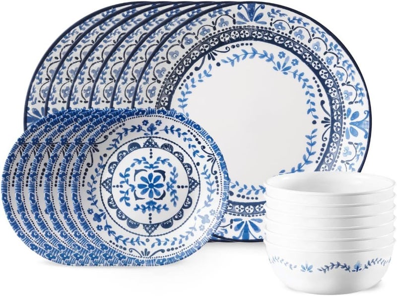 Corelle طقم أدوات مائدة كوريل فيتريل 18 قطعة لخدمة 6 أشخاص، زجاج ثلاثي الطبقات ومقاوم للكسر، أطباق وأوعية دائرية خفيفة الوزن، بورتوفينو - Image 1