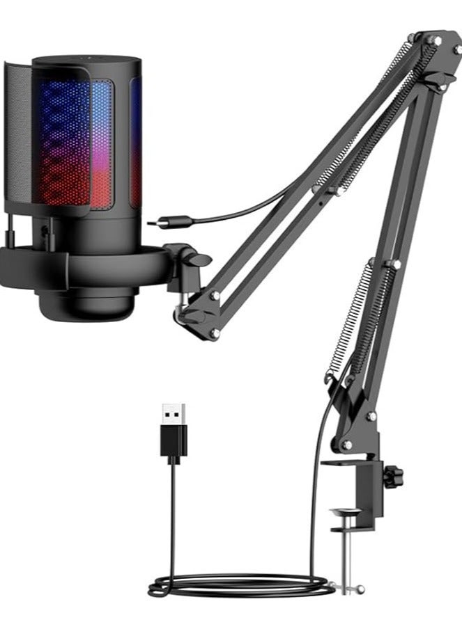 erorex USB Gaming Microphone for PC, Condenser Mic with Boom Arm for PS4/ PS5/ Mac/Phone with Touch Mute, RGB Lighting,Gain knob & Monitoring Jack for Streaming,Podcasting,YouTube  - Image 1