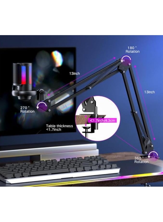 erorex USB Gaming Microphone for PC, Condenser Mic with Boom Arm for PS4/ PS5/ Mac/Phone with Touch Mute, RGB Lighting,Gain knob & Monitoring Jack for Streaming,Podcasting,YouTube  - Image 2