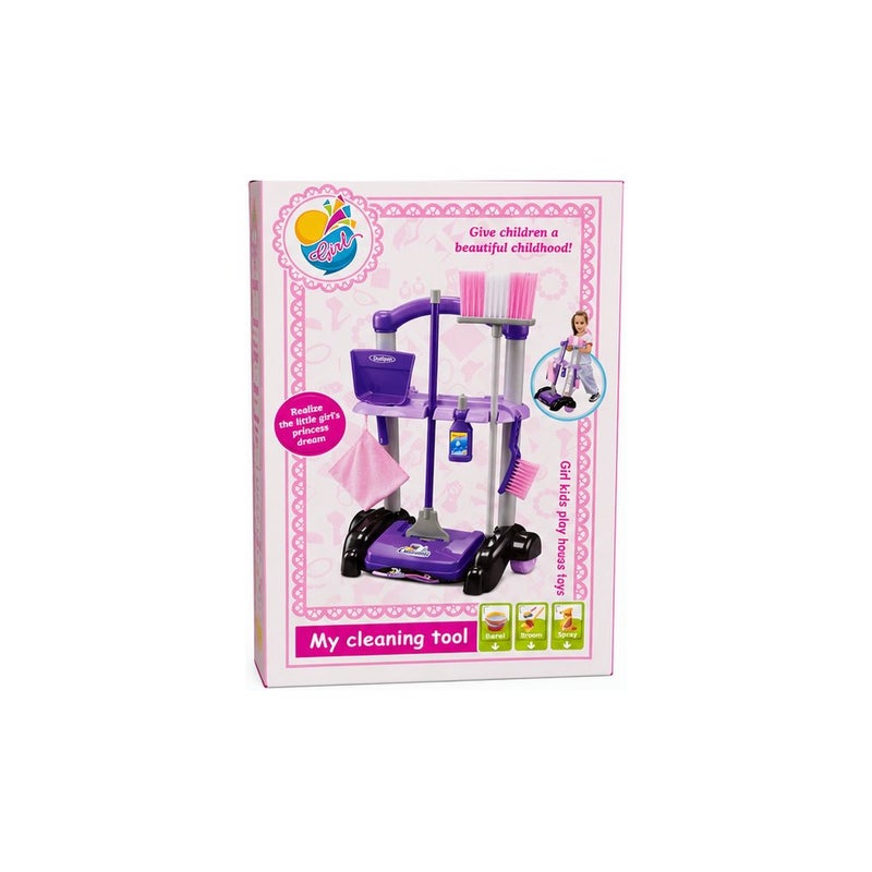 Kids Cleaning Toy Set with Trolley, Broom, Dustpan, and Bucket, Purple and Pink - Image 1