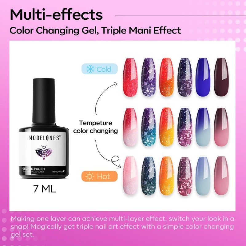 modelones Color Changing Gel Nail Polish Set, 6 Colors 2026 Valentine's Day Red Pink Glitter Blue Purple Mood Temperature Change Nail Polish Gel Set Soak Off Nail Art Gel DIY Salon Manicure Gift - Image 2
