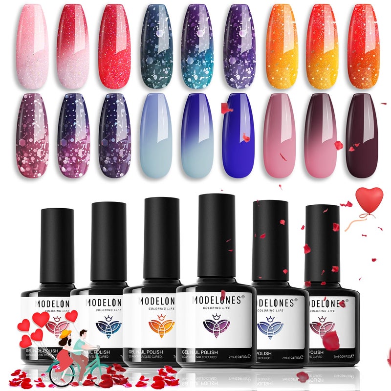 modelones Color Changing Gel Nail Polish Set, 6 Colors 2026 Valentine's Day Red Pink Glitter Blue Purple Mood Temperature Change Nail Polish Gel Set Soak Off Nail Art Gel DIY Salon Manicure Gift - Image 1