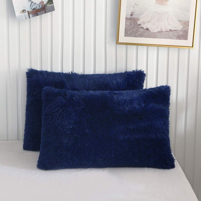 FAUX FUR THROW PILLOW CASES PLUSH SHAGGY ULTRA SOFT PILLOW COVERS FLUFFY CRYSTAL VELVET DECORATIVE PILLOWCASES FURRY FUZZY PILLOW SHAMS ZIPPER CLOSURE SET OF 2STANDARD NAVY BLUE