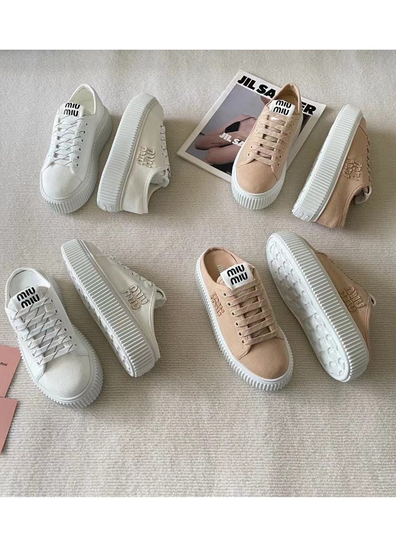 مياو مياو شعار مطرز بحروف مقدمة مستديرة من الدنيم حذاء مول من القماش المسطح - Image 5