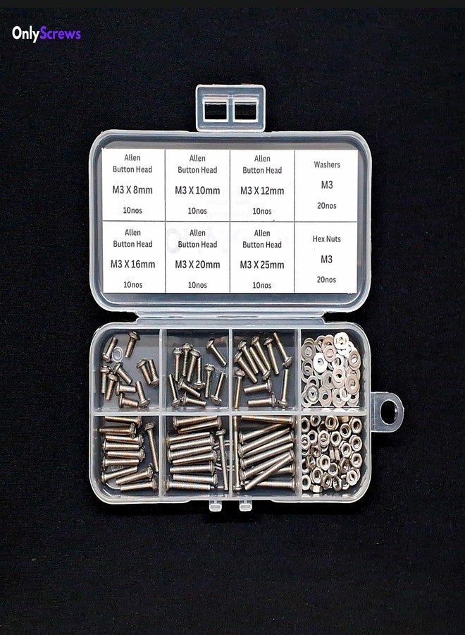 OnlyScrews براغي OnlyScrews M3 برأس زر ألين، مصنوعة من الفولاذ المقاوم للصدأ SS304، مجموعة متنوعة في علبة، 110 قطعة مع غسالات وصواميل، بأطوال من 8 مم إلى 25 مم مع مفتاح ألين مجاني - Image 4