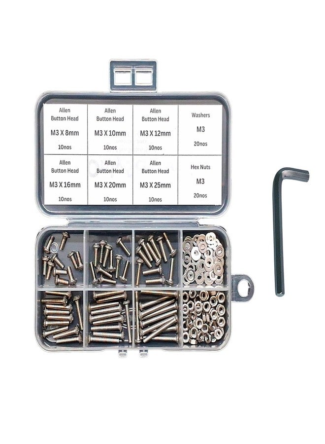 OnlyScrews براغي OnlyScrews M3 برأس زر ألين، مصنوعة من الفولاذ المقاوم للصدأ SS304، مجموعة متنوعة في علبة، 110 قطعة مع غسالات وصواميل، بأطوال من 8 مم إلى 25 مم مع مفتاح ألين مجاني - Image 1