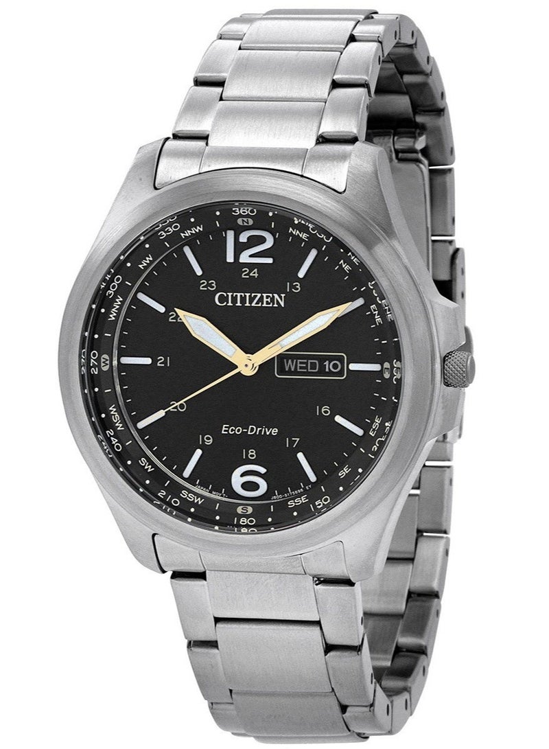 CITIZEN Eco-Drive Men’s Watch AW0110-82E, 44 mm Black Dial, Stainless Steel Case & Bracelet, Day-Date, 100 m WR - Image 1