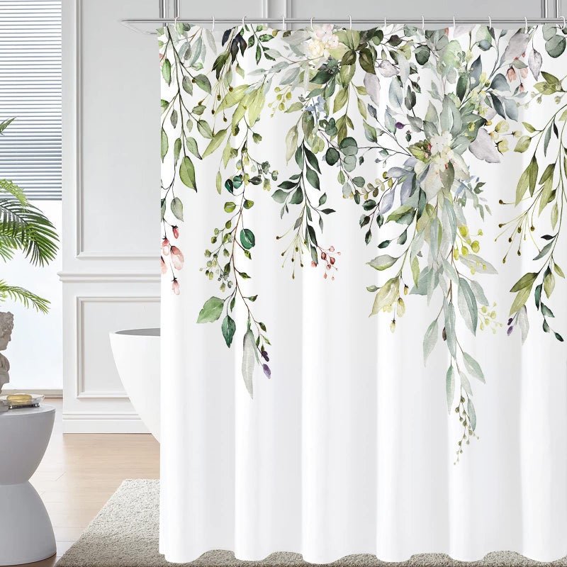 Gibelle Sage Green Eucalyptus Shower Curtain Watercolor Plant Leaves with Floral Bathroom Decor Waterproof Fabric Shower Curtain Set with Hooks 72x72 Inch White