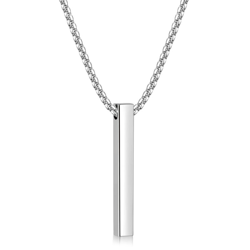 Fiusem Pendant Necklace for Men, Silver Tone Rectangular Pierced Necklace for Mens with 2.5 mm Box Chain, Stainless Steel Bar Chain, 24 Inches - Image 1
