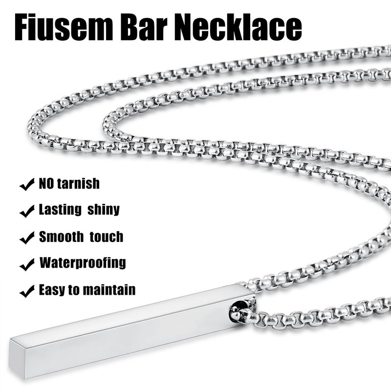 Fiusem Pendant Necklace for Men, Silver Tone Rectangular Pierced Necklace for Mens with 2.5 mm Box Chain, Stainless Steel Bar Chain, 24 Inches - Image 3