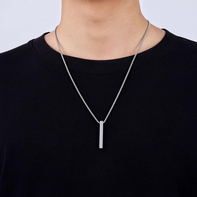 Fiusem Pendant Necklace for Men, Silver Tone Rectangular Pierced Necklace for Mens with 2.5 mm Box Chain, Stainless Steel Bar Chain, 24 Inches - Image 2