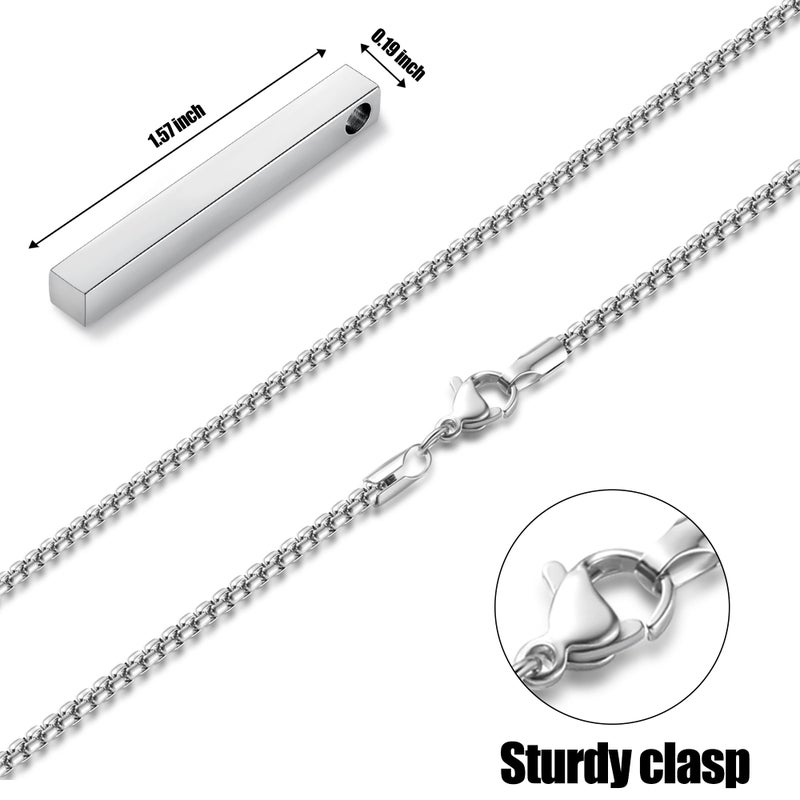 Fiusem Pendant Necklace for Men, Silver Tone Rectangular Pierced Necklace for Mens with 2.5 mm Box Chain, Stainless Steel Bar Chain, 24 Inches - Image 4