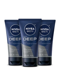 NIVEA MEN NIVEA MEN Deep Clean Face Wash and Scrub With Natural Charcoal, Exfoliating Face Wash for Men Removes Excess Oil, Dirt and Impurities, Beard Friendly, 2.5 Fl Oz Tube, Pack of 3  - Image 1