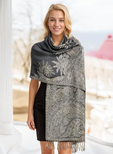 Achillea Luxurious Double Layered Jacquard Big Paisley Pashmina Shawl Wrap Scarf (Charcoal Grey) - Image 2