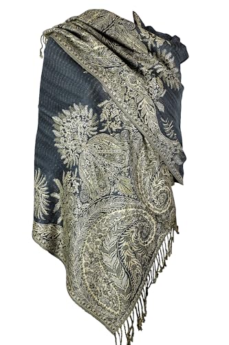 Achillea Luxurious Double Layered Jacquard Big Paisley Pashmina Shawl Wrap Scarf (Charcoal Grey) - Image 1