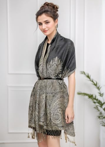 Achillea Luxurious Double Layered Jacquard Big Paisley Pashmina Shawl Wrap Scarf (Charcoal Grey) - Image 4