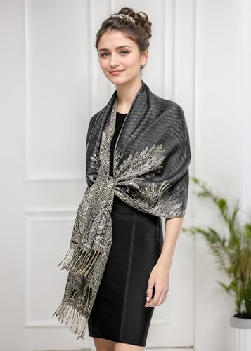 Achillea Luxurious Double Layered Jacquard Big Paisley Pashmina Shawl Wrap Scarf (Charcoal Grey) - Image 3
