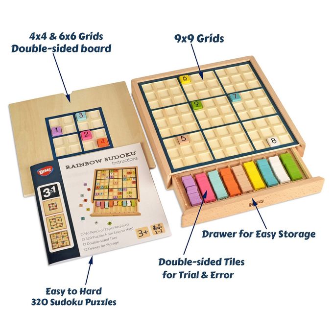 BOHS Wooden Rainbow Sudoku 3 in 1 Easy to Hard with Book of 320 Sudoku Puzzles Desktop Brain Teaser Game Toys - Image 5