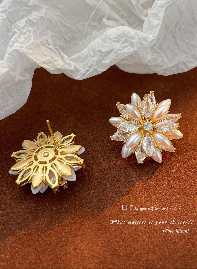 Take Two Floral Decor Earrings with Faux Pearl - Image 3
