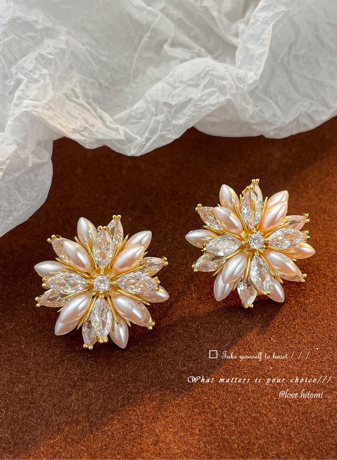 Take Two Floral Decor Earrings with Faux Pearl - Image 1