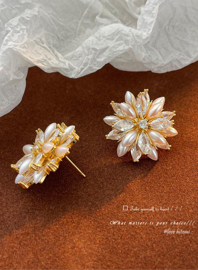 Take Two Floral Decor Earrings with Faux Pearl - Image 2
