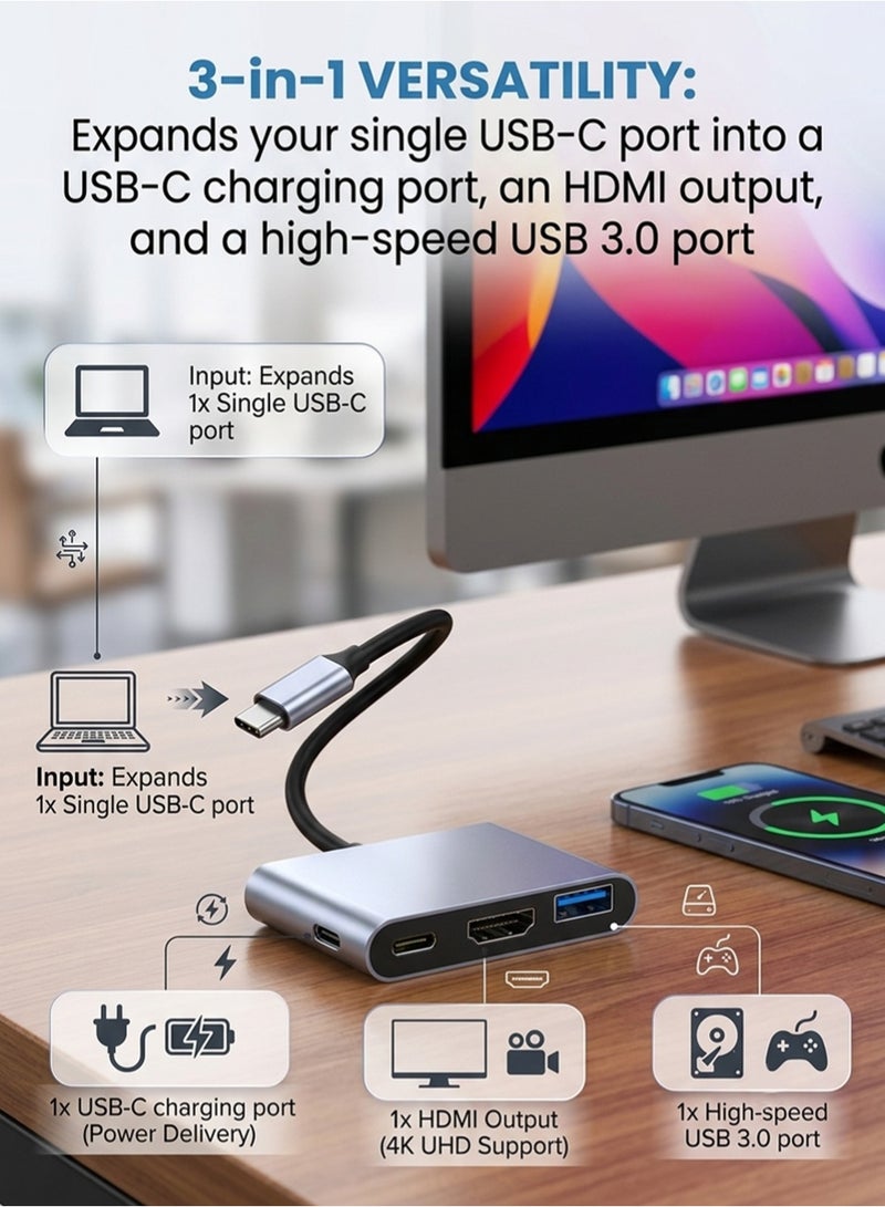 glassology 3 in 1 USB C Hub Adapter with 4K HDMI, USB 3.0 and 100W PD Fast Charging for MacBook, iPad Pro, Laptop, Tablet and Smartphone - Image 2