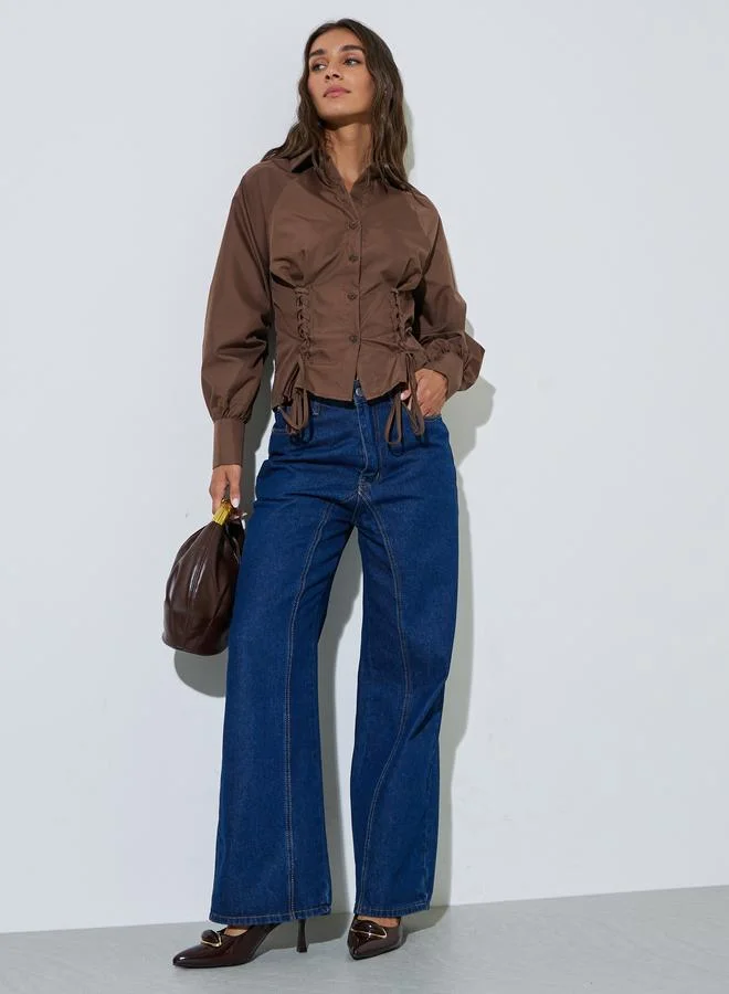 Styli Brown Lace Up Detail Raglan Sleeve Buttoned Shirt
