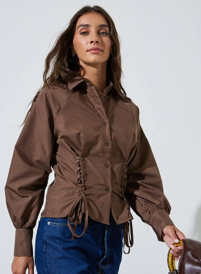 Styli Brown Lace Up Detail Raglan Sleeve Buttoned Shirt