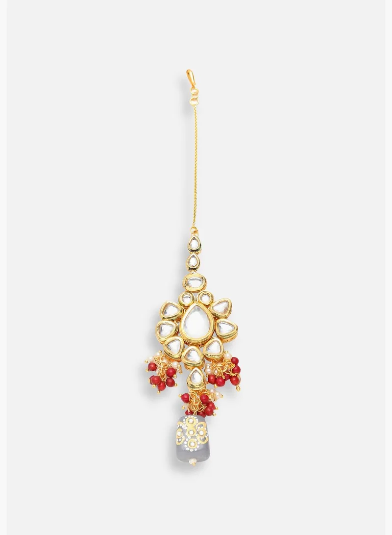 SOHI Gold Plated Designer Stone Party Necklace, Earrings and Maang Tikka Set For Women