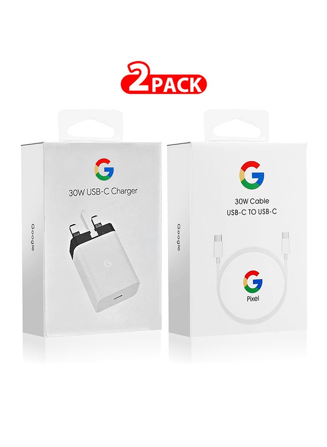 30W USB-C Super Fast Charger 3 Pins Charger And Cable Compatible With Google Products And Other USB-C Devices Fast Charging Pixel Phone Charger USB-C To USB C Sync Charge Cable Included White