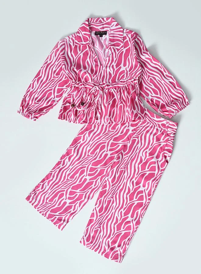 BELLA MODA Bella Moda All-Over Print Collared Blouse and Pants Co-Ords Set