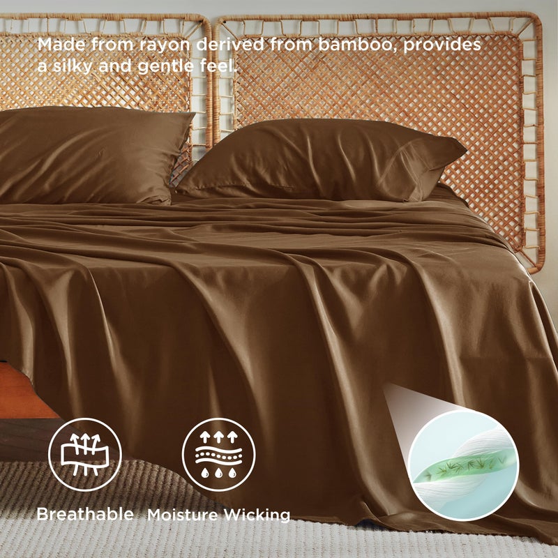 Bedsure King Size Sheets Set, Cooling Sheets for Hot Sleepers, Rayon Derived from Bamboo, PureWoven, Breathable & Soft, Deep Pocket Up to 16 Inches, Hotel Luxury Silky Bedding, Brown - Image 3