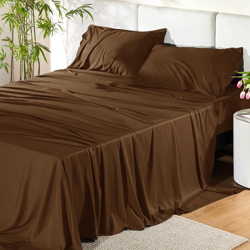 Bedsure King Size Sheets Set, Cooling Sheets for Hot Sleepers, Rayon Derived from Bamboo, PureWoven, Breathable & Soft, Deep Pocket Up to 16 Inches, Hotel Luxury Silky Bedding, Brown - Image 1
