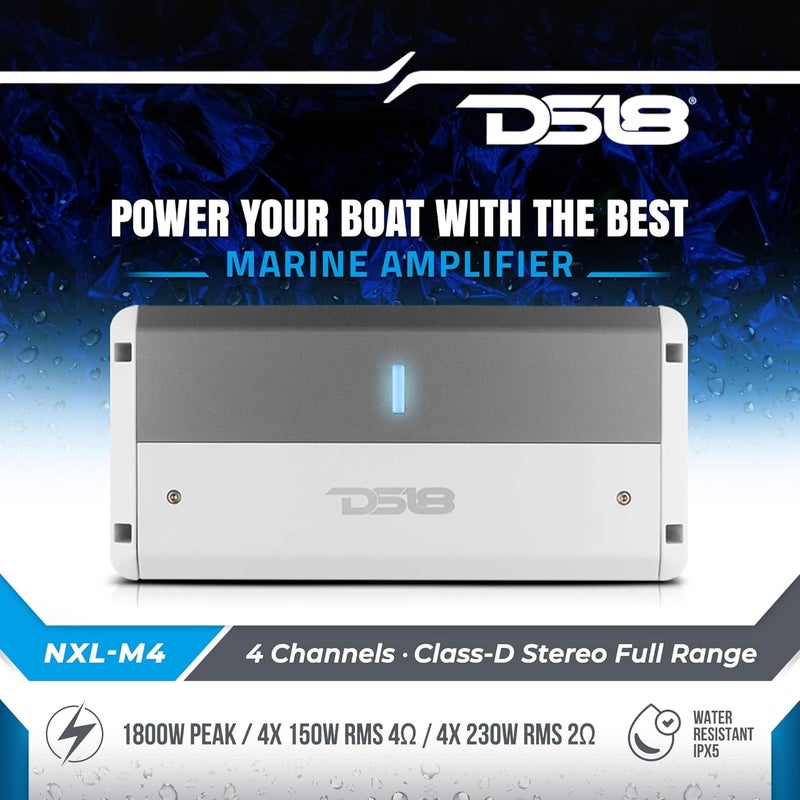 DS18 NXL-M4 Marine Amplifier - 4-Channel Class D Digital IPX5 Weatherproof Amp - 1800W Peak Power - Image 2